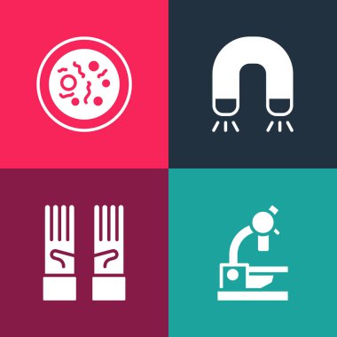 Pop sanat mikroskobu, tıbbi lastik eldivenler, mıknatıs ve bakteri ikonlu Petri kabı. Vektör.