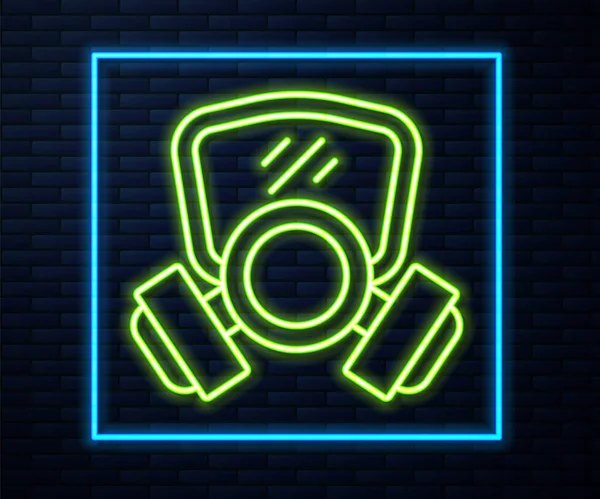Zářící Neonová Čára Ikona Plynové Masky Izolovaná Pozadí Cihlové Stěny — Stockový vektor