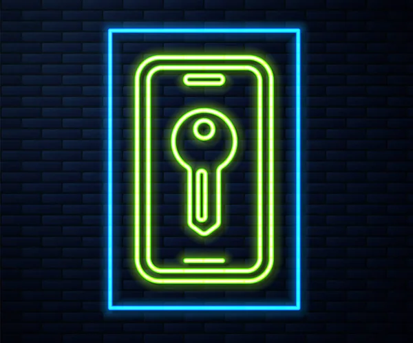 Glowing Neon Line Smart Key Icon Isolated Brick Wall Background — Stock Vector