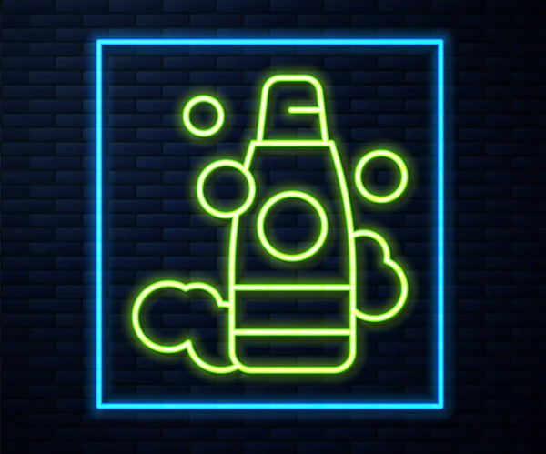 Glowing Neon Line Bottle Shampoo Icon Isolated Brick Wall Background — Stock Vector