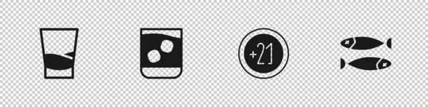 ウォッカ ウイスキー アルコール21プラスと干物のアイコンのセットグラス ベクトル — ストックベクタ
