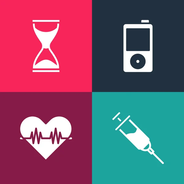 Set Pop Art Doping Syringe Heart Rate Music Player Old — Stock Vector