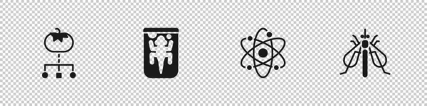 设置转基因食品 实验动物 原子和昆虫图标 — 图库矢量图片