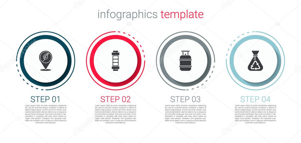 Set Location with leaf, Battery, Propane gas tank and Garbage bag recycle. Business infographic template. Vector.