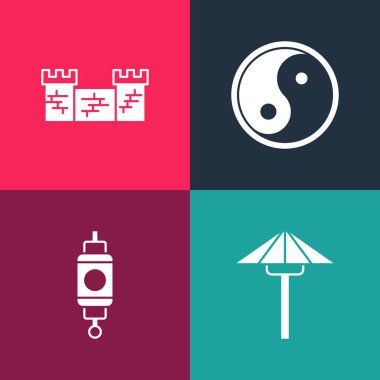 Güneş 'ten gelen Japon pop sanatları şemsiyesi, Çin kağıt feneri, Yin Yang ve Çin ikonunun büyük duvarı. Vektör