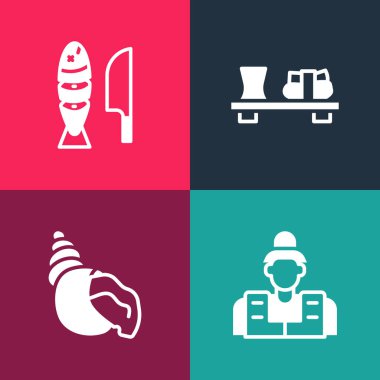 Pop Art Fisherman, Scallop deniz kabuğu, Suşi 'yi kesme tahtasına ve dilimlenmiş parça ikonuyla ayarla. Vektör