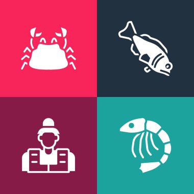 Pop Art Shrimp, Fisherman ve Crab ikonunu ayarla. Vektör
