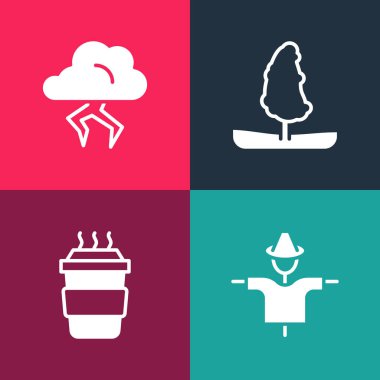 Pop Art Scarecrow 'u, kahve fincanını, Tree and Storm ikonunu hazırla. Vektör