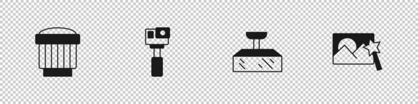 カメラのフォトレンズ アクションカメラ ソフトボックスライト フォトレタッチアイコンを設定します ベクトル — ストックベクタ