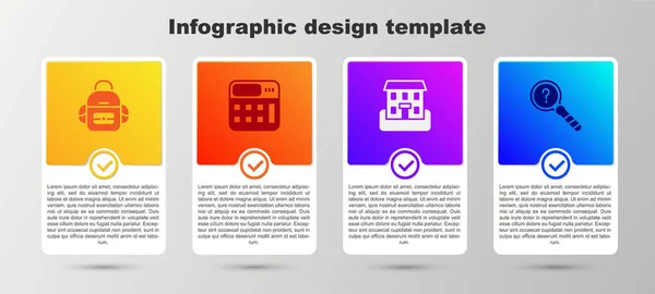 Set Sac Dos Scolaire Calculatrice Bâtiment Recherche Inconnue Modèle Infographie — Image vectorielle