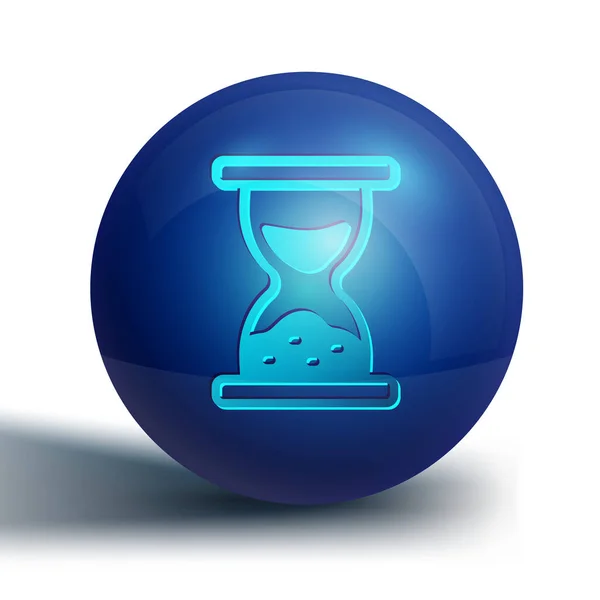 白い背景に流れる砂のアイコンと青の古い砂時計 砂時計の看板 ビジネスと時間管理の概念 青い丸ボタン ベクトル — ストックベクタ