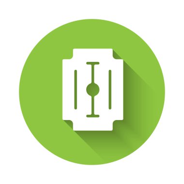 Beyaz Bıçak jileti ikonu uzun gölgeli izole edilmiş. Yeşil daire düğmesi. Vektör.