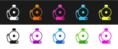 Çalan alarm simgesini siyah ve beyaz arkaplanda izole et. Alarm sembolü, servis zili, el zili işareti, uyarı sembolü. Vektör.