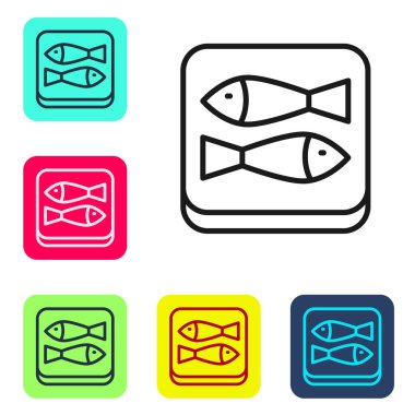 Siyah çizgi konserve balık simgesi beyaz arkaplanda izole edilmiş. Renkli kare düğmelerle simgeleri ayarla. Vektör.