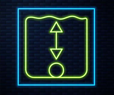 Parlayan neon hattı derinlik ölçüm simgesi tuğla duvar arka planında izole edildi. Su derinliği. Vektör.