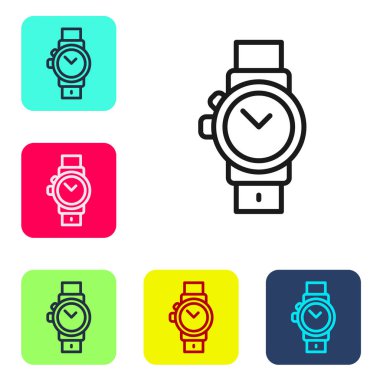Siyah çizgi bilek saat simgesi beyaz arkaplanda izole edildi. Kol saati simgesi. Renkli kare düğmelerle simgeleri ayarla. Vektör.