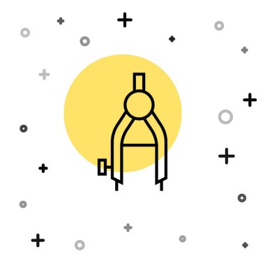 Beyaz arkaplanda siyah çizgi çizim simgesi izole edildi. Pusula işareti. Çizim ve eğitim araçları. Geometrik alet. Rastgele dinamik şekiller. Vektör.