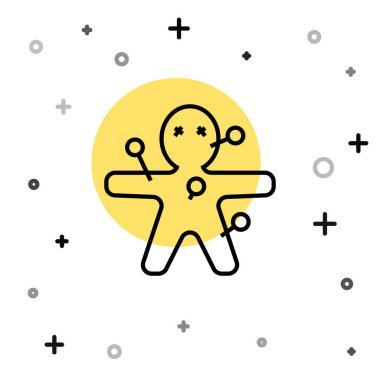 Siyah çizgi Voodoo bebek ikonu beyaz arkaplanda izole edilmiş. Mutlu Cadılar Bayramı Partisi. Rastgele dinamik şekiller. Vektör.