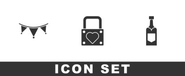 Bayraklı karnaval çelengi, Lock Heart ve Champagne şişe ikonu koyun. Vektör.