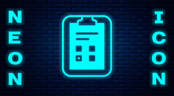 Glowing Neon Exam Sheet Check Mark Icon Isolated Brick Wall — Stock Vector
