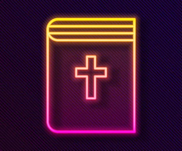 Gloeiende Neon Lijn Heilige Bijbel Boek Pictogram Geïsoleerd Zwarte Achtergrond — Stockvector