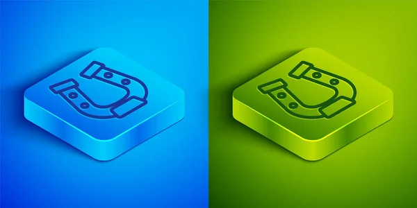 Isometric Line Horseshoe Icon Isolated Blue Green Background Square Button — Stock Vector