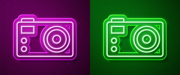 Glowing Neon Line Photo Camera Icon Isolated Purple Green Background — Stock Vector