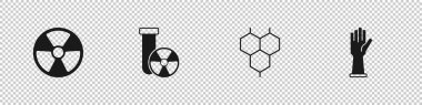 Radyoaktif, test tüpü radyasyonu, kimyasal formül ve tıbbi kauçuk eldiven ikonunu ayarla. Vektör