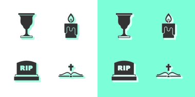 Kutsal İncil 'i, Hıristiyan kadehini, Rip yazılı Tombstone' u ve yanan mum ikonunu hazırla. Vektör