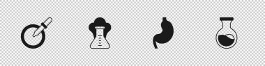 Petri kabını pipet, kimyasal patlama, insan midesi ve deney tüpü ve matara ikonu ile ayarla. Vektör