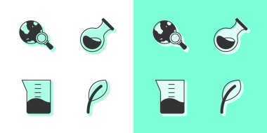 Yaprak ya da yaprak, küresi olan büyüteç, laboratuvar cam deney şişesi, test tüpü ve şişe ikonu. Vektör