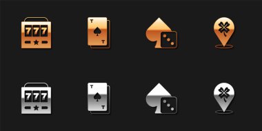 Kumar makinesini büyük ikramiyeyle, iskambil maça oyunuyla, zar oyunuyla ve kumarhane yoncası ikonuyla ayarla. Vektör