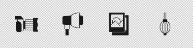 Fotoğraf makinesini, Softbox ışığını, çerçeve ve toz üfleyici simgesini ayarla. Vektör