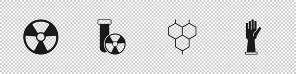 Set Radioactivo Radiación Probeta Fórmula Química Icono Guantes Goma Médica — Vector de stock