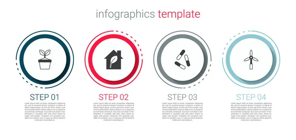 鍋に植物を設定します 環境に優しい家 ウイルスや風力タービン ビジネスインフォグラフィックテンプレート ベクトル — ストックベクタ