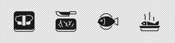 Définir Sushi Sur Planche Découper Découpe Couteau Poisson Icône Plaque — Image vectorielle