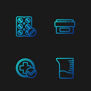 Ölçüm kabı, Cross hastanesi sağlık ekibi, hap ve merhem tüpü ilacı. Renk simgeleri. Vektör