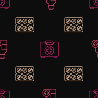 İlaç şurubu, hap şişesi ve ilk yardım çantasını pürüzsüz desenlere göre ayarla. Vektör