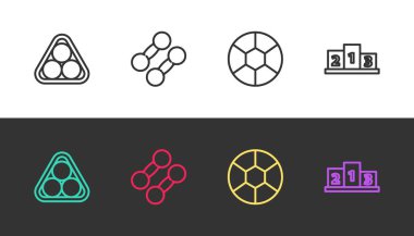 Çizgi bilardo toplarını üçgen şeklinde dizin, Dumbbell, Football ve ödüllü spor şampiyonları podyumunda siyah ve beyaz üzerine koyun. Vektör