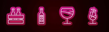Sıra halinde bira şişeleri, cam votka, şarap bardağı ve kokteyl. Parlayan neon ikonu. Vektör