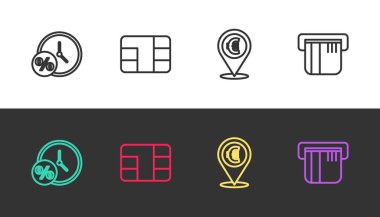 Hat saatini ve yüzdesini çipli kredi kartını, nakit yerini ve siyah-beyaza ayarla. Vektör