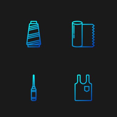 Çizgili kolsuz tişört, Awl aleti, dikiş ipliği ve kumaş rulosu. Renk simgeleri. Vektör