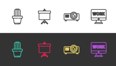 Kaktüs hattını ayarlayın ve kabı sulandırın, diyagram, film, film, medya projektörü ve siyah ve beyaz üzerine Monitör metin çalışmaları ile Chalkboard. Vektör