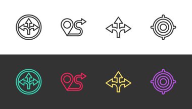 Yol trafik işaretini, güzergahı ve hedef sporunu siyah ve beyaza ayarla. Vektör