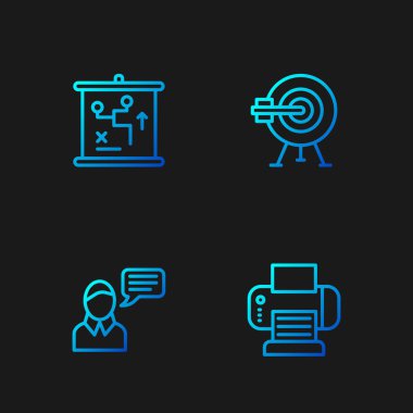 Set line Printer, Speech bubble chat, Planning strategy concept and Target with arrow. Gradient color icons. Vector