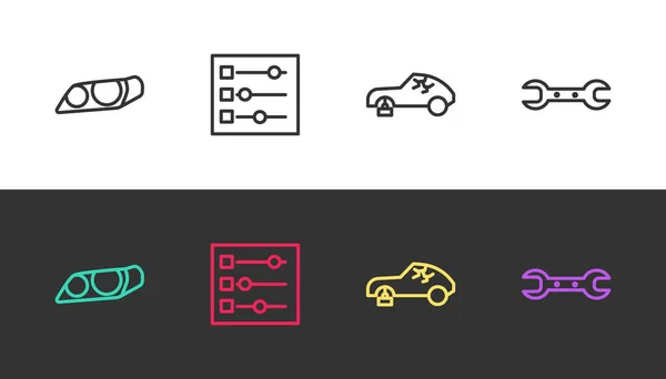 Definir Linha Farol Carro Configurações Carro Quebrado Chave Inglesa Preto —  Vetores de Stock