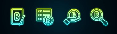 Set line Mining bitcoin from tablet, Server, Hand holding Bitcoin and Magnifying glass with. Glowing neon icon. Vector