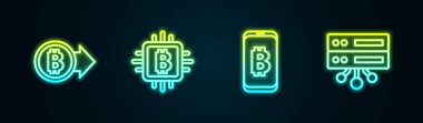 Set line Bitcoin, CPU mining farm, Mining bitcoin from mobile and Server. Glowing neon icon. Vector