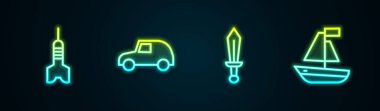 Dart oku, oyuncak araba, kılıç oyuncağı ve tekne ayarlayın. Parlayan neon ikonu. Vektör