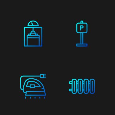 Isıtma kaloriferini, elektrikli ütüyü, asansörü ve otoparkı ayarlayın. Renk simgeleri. Vektör